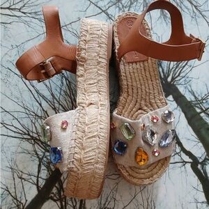 Tory Burch Jeweled Espadrille Platform Sandals — Tan & Natural